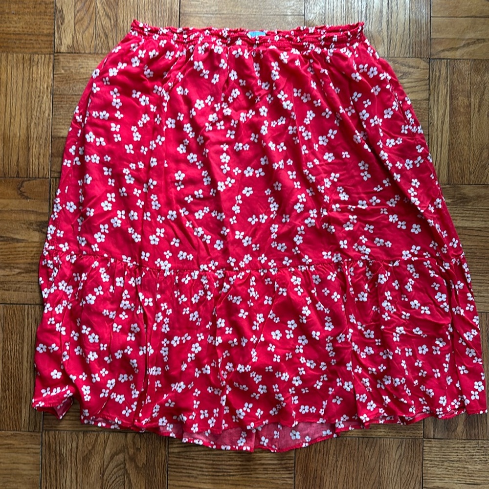 Draper James RSVP Red Tiered Midi Skirt with White Flowers